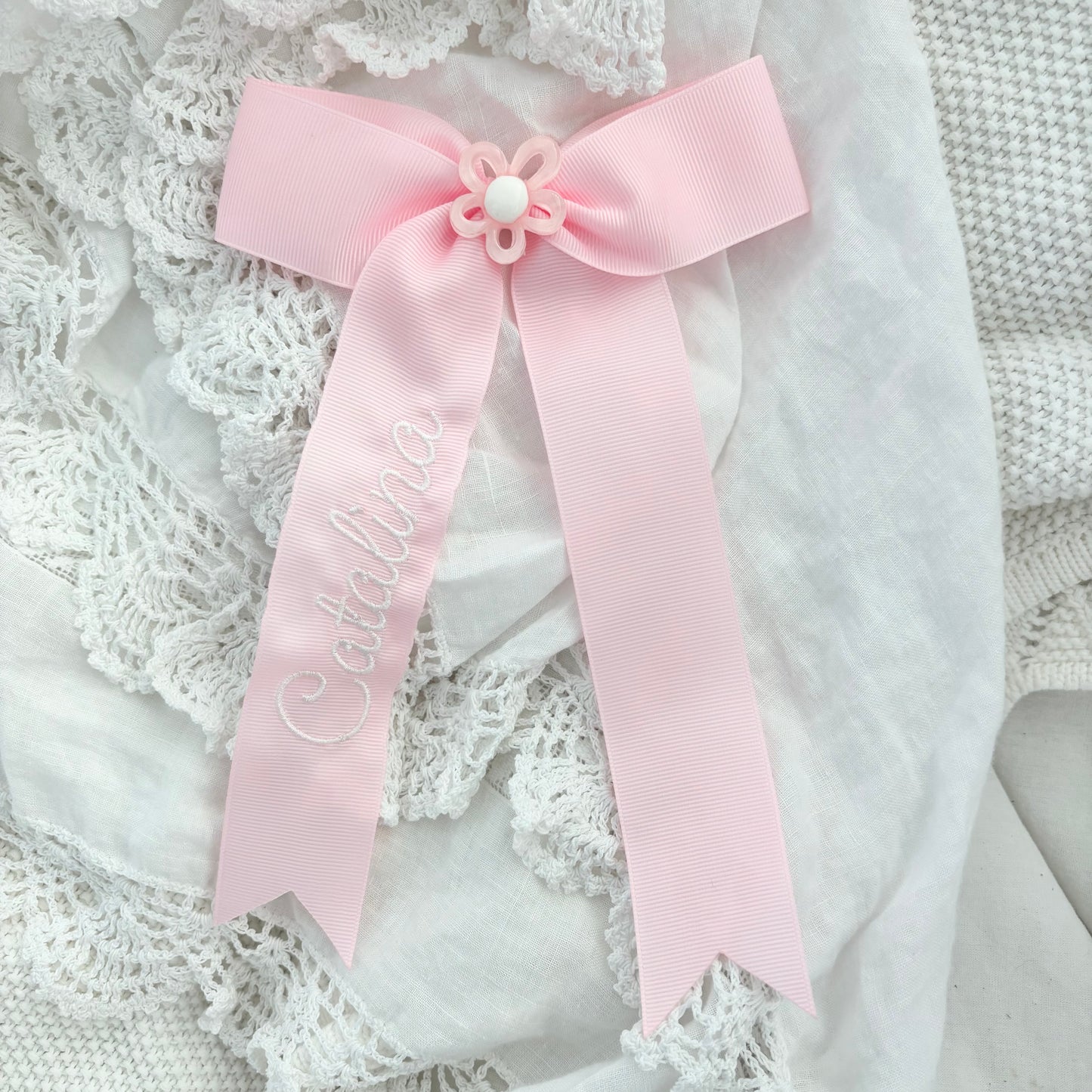 PINK & WHITE BOW + Flower Charm