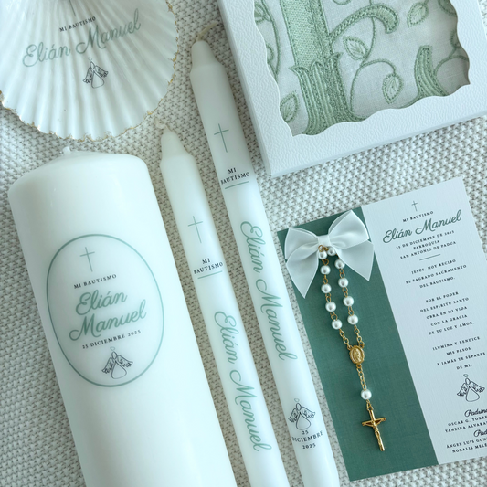 GREEN/GOLD WITH WHITE BOW & ROSARY